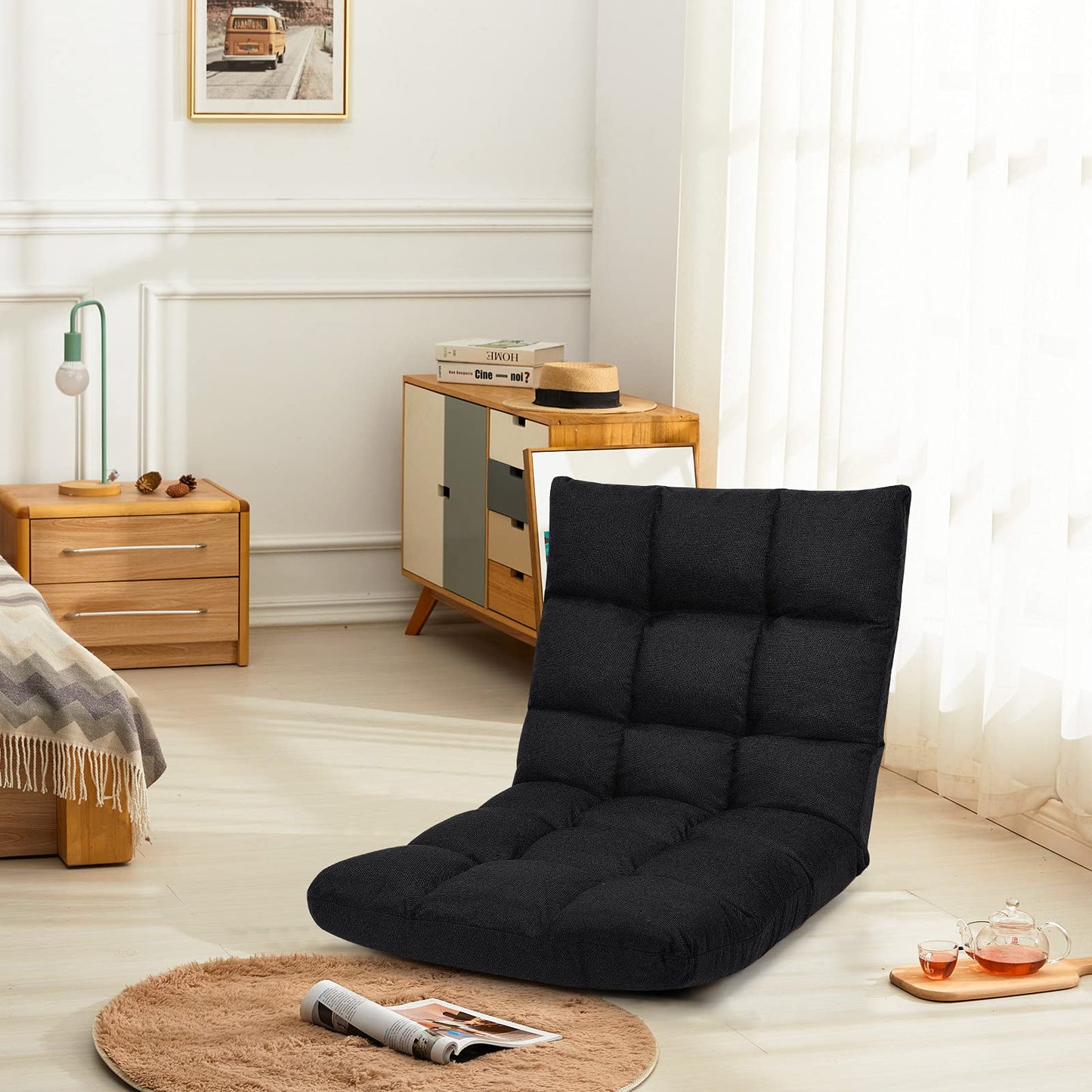 Giantex Floor Sofa Chair Video Gaming Chair with 14 Adjustable Position, Padded Back Support Floor Cushioned Seat, Folding Lazy Chair for Meditation, Reading, Watching, Living Room Recliner(Black)