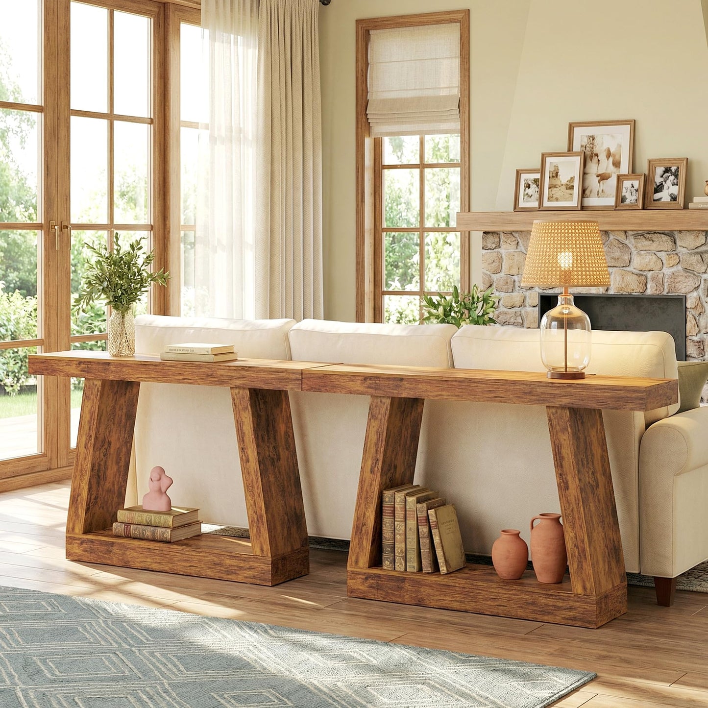 HOMCOM 55.1" Entryway Table, 2-Tier Farmhouse Console Table with Thickened Tabletop, Storage Shelf and Trapezoidal Base for Entryway, Behind Couch Sofa, Living Room, Hallway, Entrance, Rustic Brown