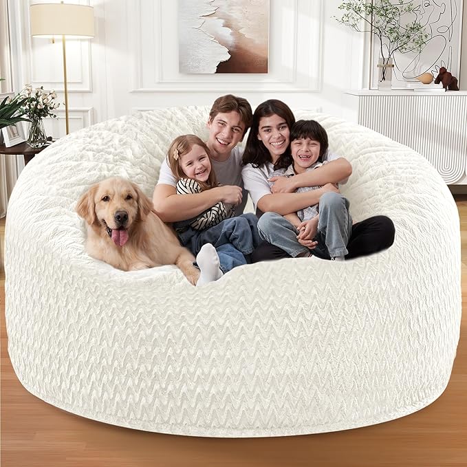 HABUTWAY 6FT Bean Bag Chair,Giant Bean Bag Chairs for Adults,Big Bean Bags with Memory Foam Filled, Large Beanbag Chairs with Chevron Plush Cover-White