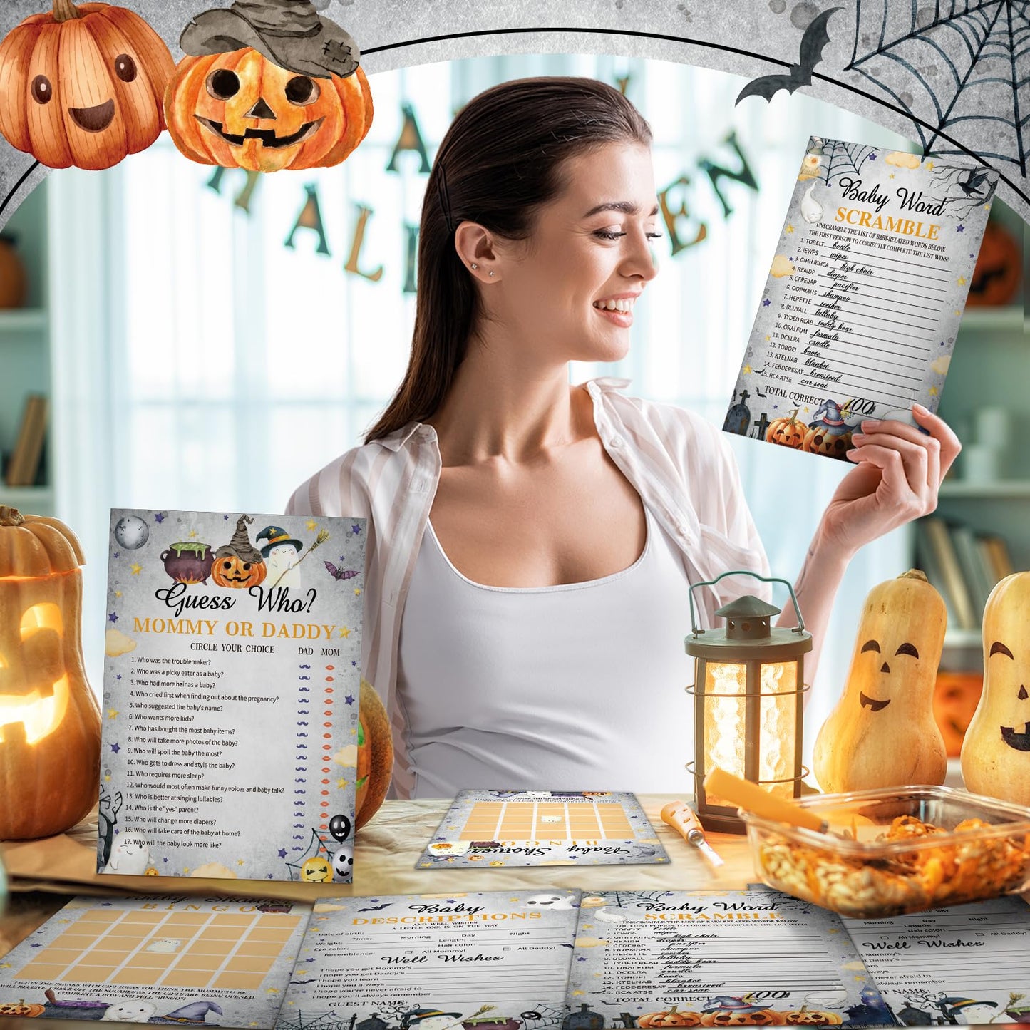 Yinder 145 Pcs Halloween Baby Shower Games Girl or Boy Activities Cards Baby Bingo Description and Wishes Guess Who Mommy or Daddy Price is Right Word Scramble Game