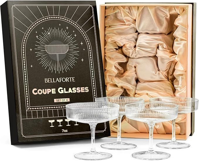 BELLAFORTE Champagne Coupe Glasses, Espresso Martini Glasses | Set of 4 | 7 oz Classic Cocktail Glasses, Fluted Glassware ...