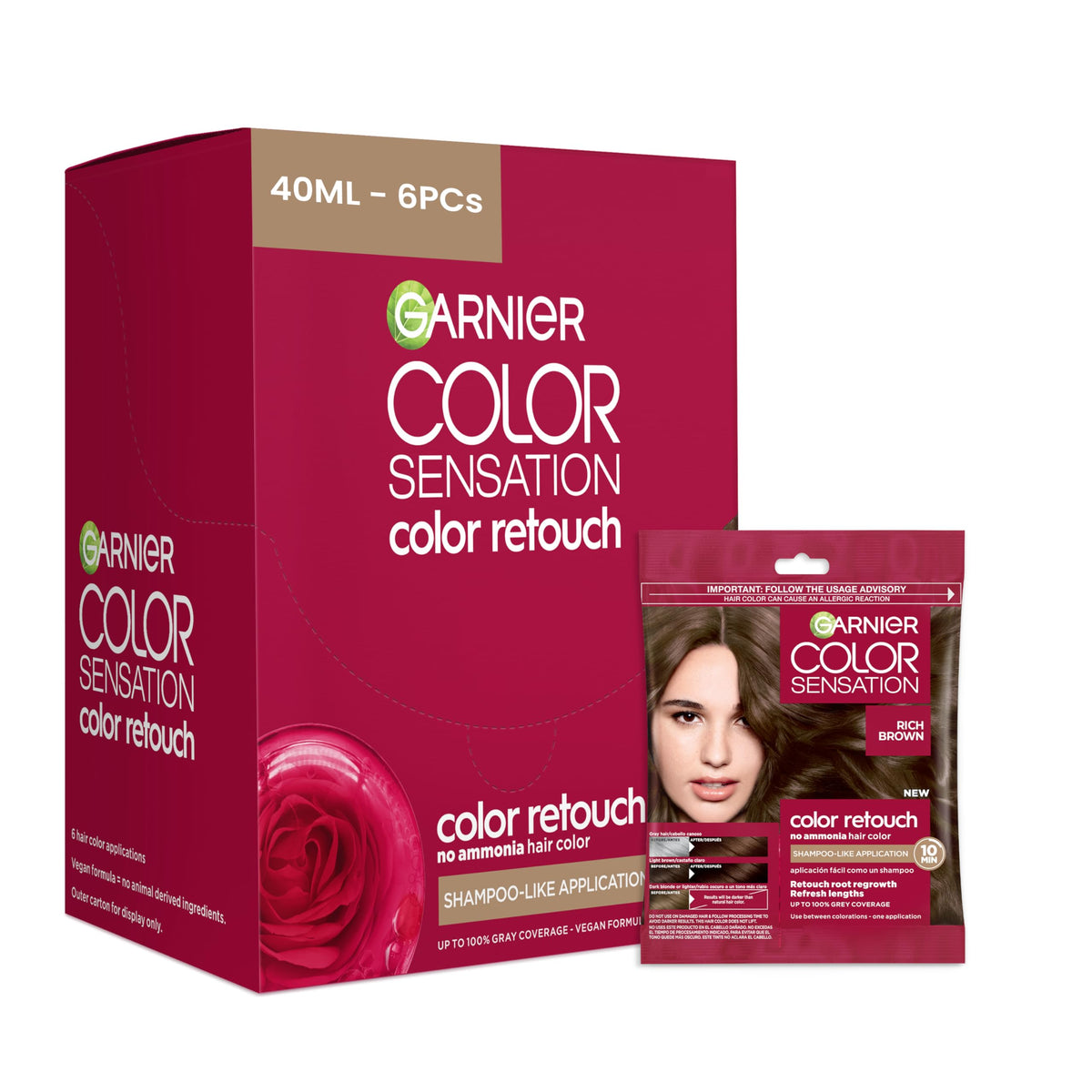 Garnier Color Sensation Color Retouch, Demi Permanent Hair Dye for Roots with 100% Gray Coverage, Rich Brown Hair Dye 6.0, Pack