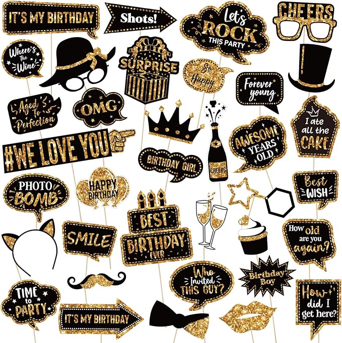 Outus 36 Pcs Birthday Photo Booth Props Kit Happy Birthday Graduation Wedding Party Favors Supplies Bday Party Decor 40th-...