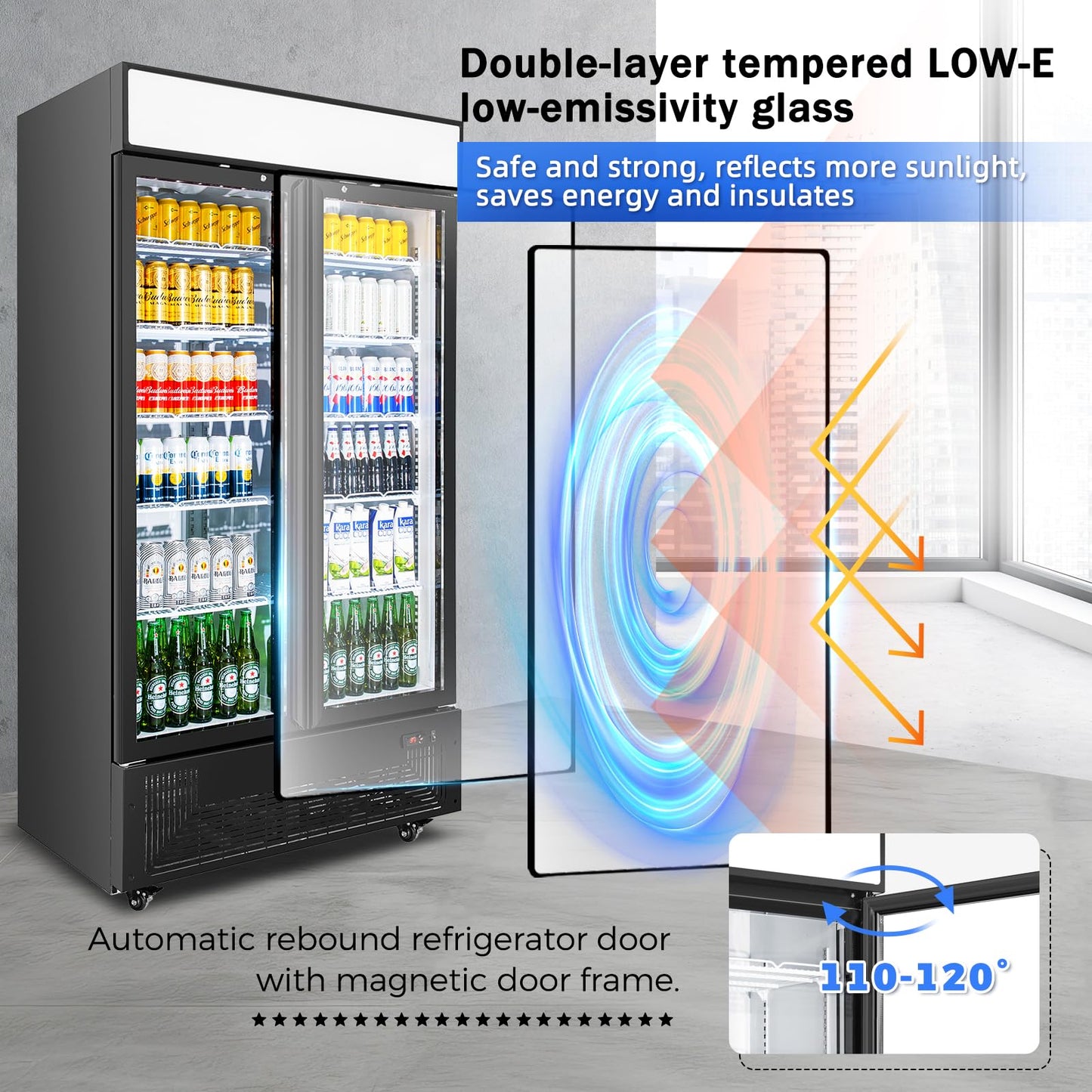 BINGERMA Commercial Merchandiser Display Refrigerator with 2 Glass Doors 30 Cu.ft Beverage Back Bar Cooler Black Drink Fridge for Convenience Stores, Supermarkets, Bars, Offices