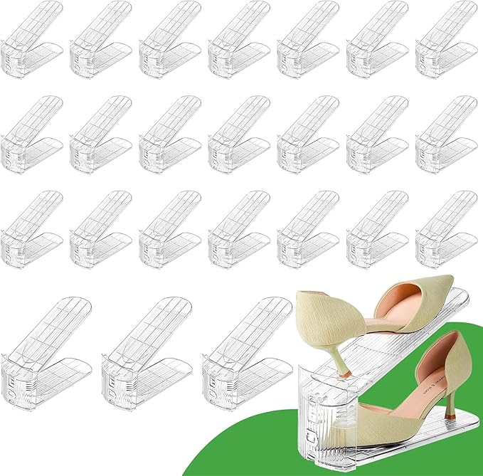 Clear Shoe Slots Organizer, 24 Pack Adjustable Shoe Rack Storage Space Saver, Non-slip, Easy to Install