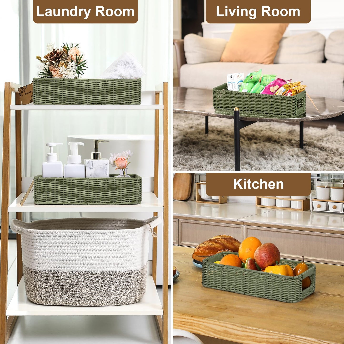 Storage Wicker Basket Decor: Green Decorative Storage Bin for Countertop and Shelves - Waterproof Toilet Paper Basket over Toilet Tank