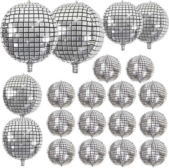 20Pcs Disco Ball Balloons Different Sizes- 4D Large Disco Balloons 32” 22” 10 Inch Assorted Round Metallic Silver Mylar Ba...