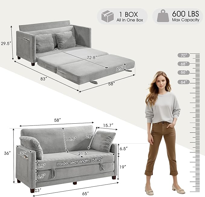 kakuboohi 65" Loveseat Sleeper Sofa Bed, Corduroy Convertible Sofa Bed for Small Spaces, Folding Couch Bed with Deep Seat, 2 Pillows & Solid Frame, Pull Out Floor Couches for Living Room, Grey