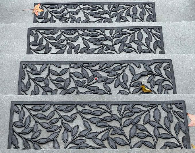 Set of 4 Rubber Stair Tread Mats 30 x 10 Inch Anti-Slip Outdoor Rug, Black – Leaf Pattern