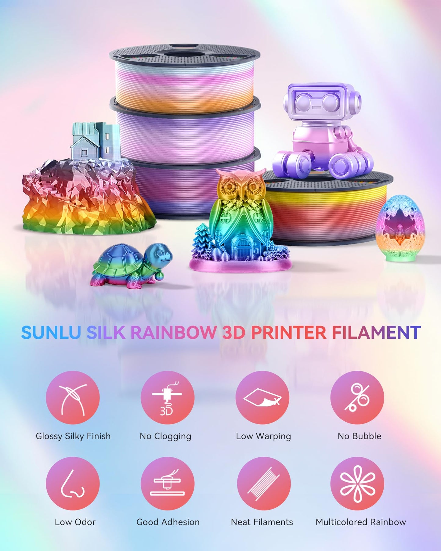 SUNLU Silk Rainbow PLA Filament 1.75mm, Multicolor Gradient 3D Filament, Neatly Wound Shiny Silk 3D Printer Filament, Dimensional Accuracy +/-0.02mm, 1KG Spool(2.2 lbs), Rainbow Silk 04