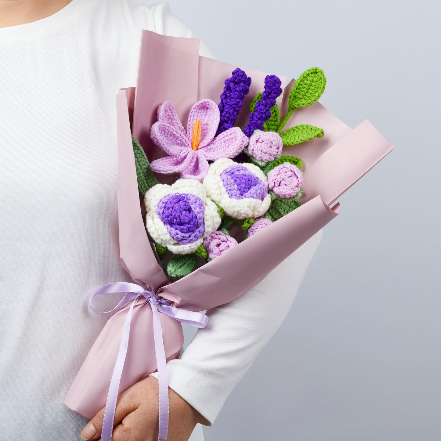 LAIDANLA Crochet Flowers Bouquet Purple Handmade Crocheted Roses Tulip Lavender 7pcs Anniversary Weddings Appreciation Christmas Birthdays Gifts for Women Knitted Flower Bouquet