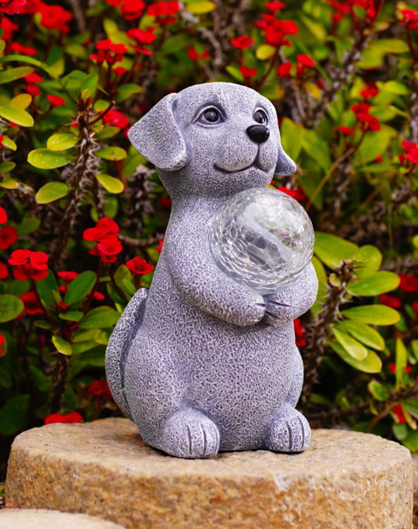 Tiejiajiang Solar Dog Garden Statues - 8.4 "Dog Decor with Gazing Ball Solar LED Lights, Unique Gifts for Mom Grandma Birthdays, Outdoor Decor for Outside Lawn Porch Patio (Gray)