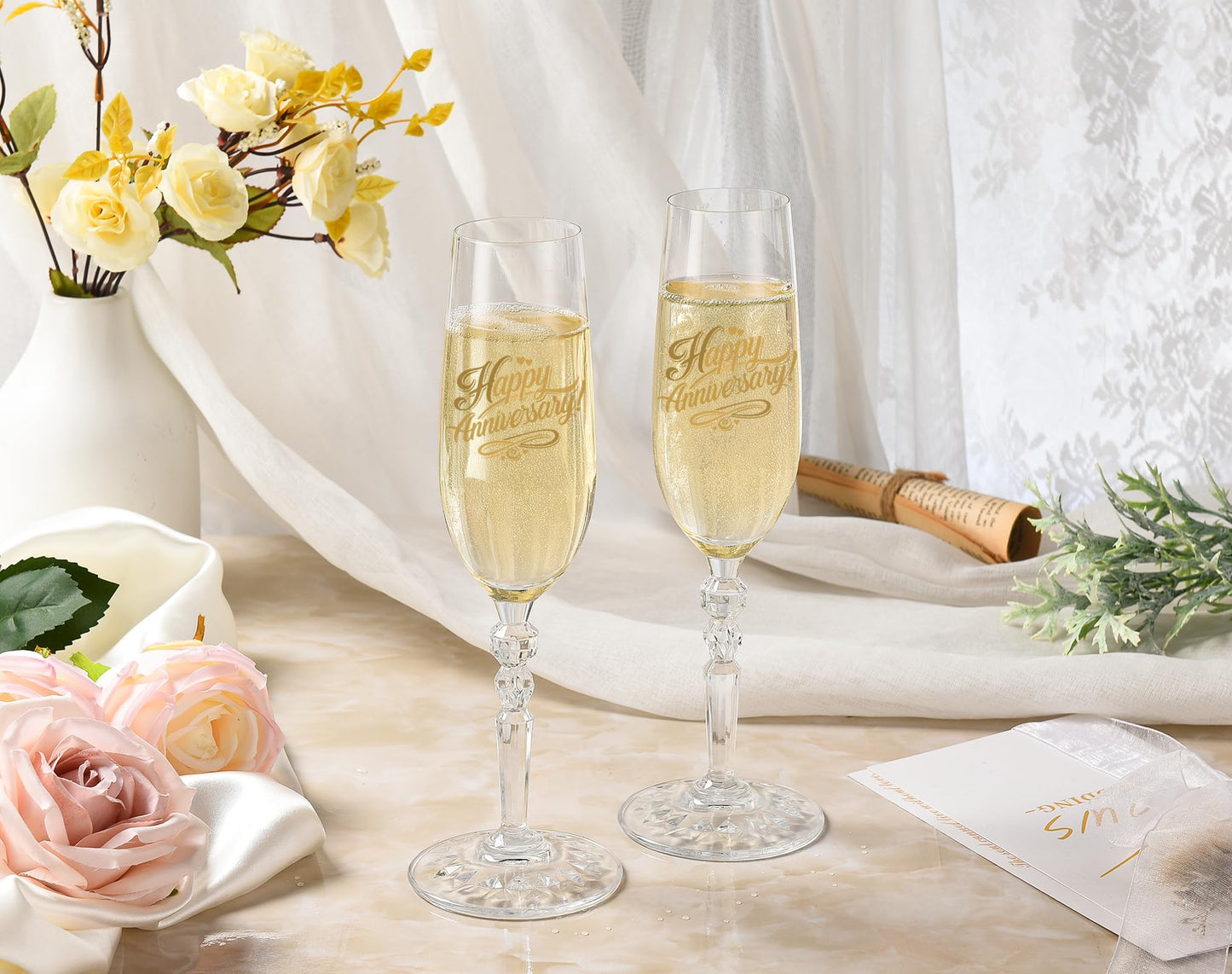 BEKESIN Happy Anniversary Decorations Gifts for Couple. Classical Style Happy Wedding Anniversary Champagne Flutes Glasses for Anniversaries of Any Year, Gifts for Men, Women, Husband, Wife