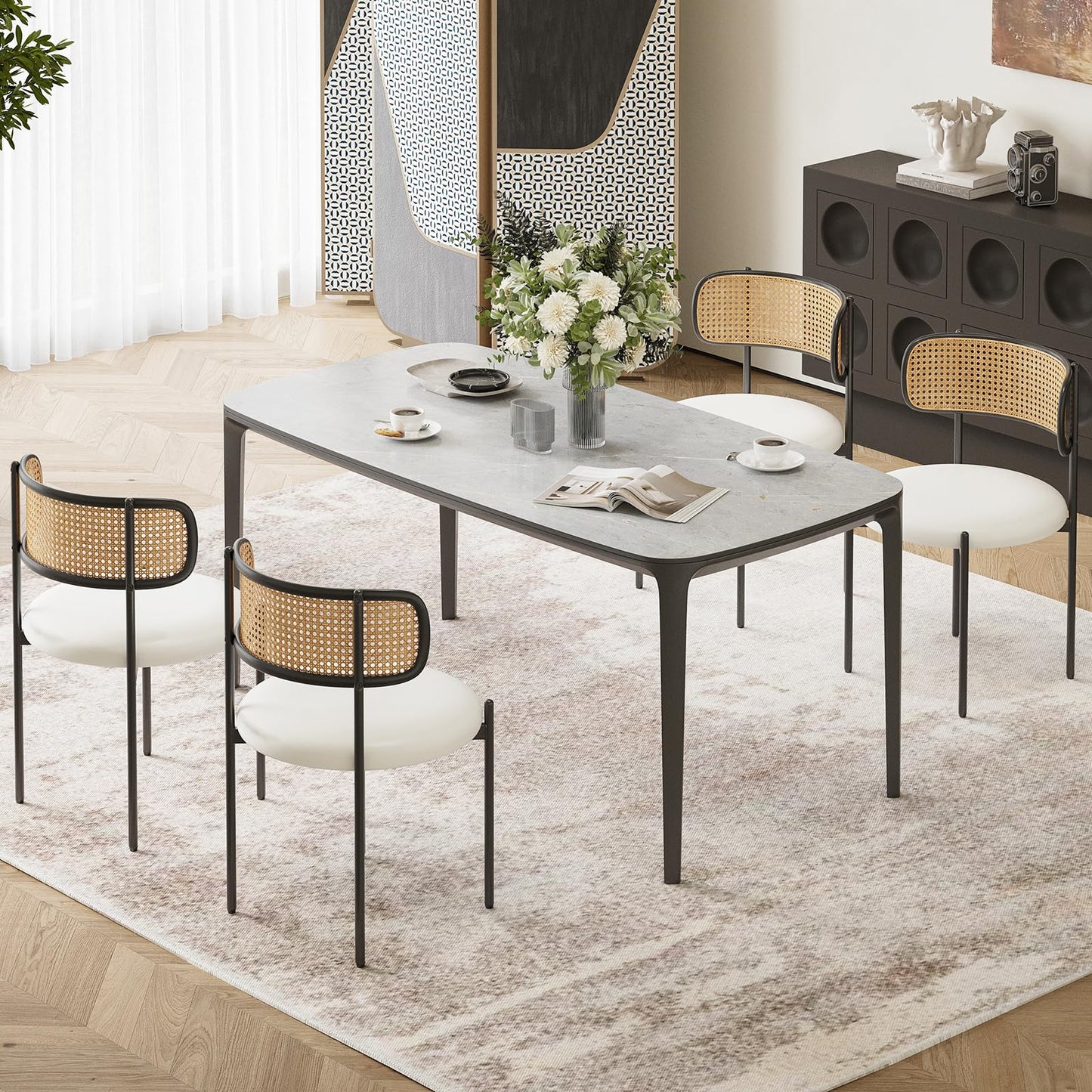 Farini Dining Chairs Set of 4, PU Leather Upholstered Seat with Woven Rattan Back, Sturdy Metal Legs Modern Side Chairs for Kitchen Living Room Restaurant, Beige