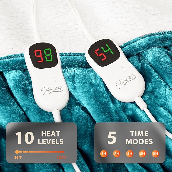 Homemate Electric Heated Blanket Queen - 84"x90" Heating Bed Blankets Throw with 10 Heating Levels 8 Hours Auto Off Fast Heating Over-Heated Protection Ultra Soft Warm Flannel ETL Certified