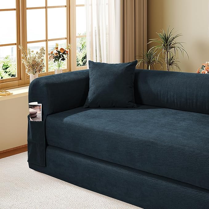 GJQ Convertible Futon Sofa Bed,80" Folding Pull Out Couch with Pillows & Storage Pocket, Oversized Queen Sleeper Sofa in a Box,Corduroy Boneless Couch for Living Room,Navy Blue