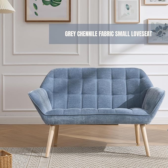 Hyfirm Small Loveseat Sofa, 48 inch Chenille Love Seat for Living Room Comfy Mini Couch with Wood Legs for Small Spaces Bedroom Apartment Office, Blue