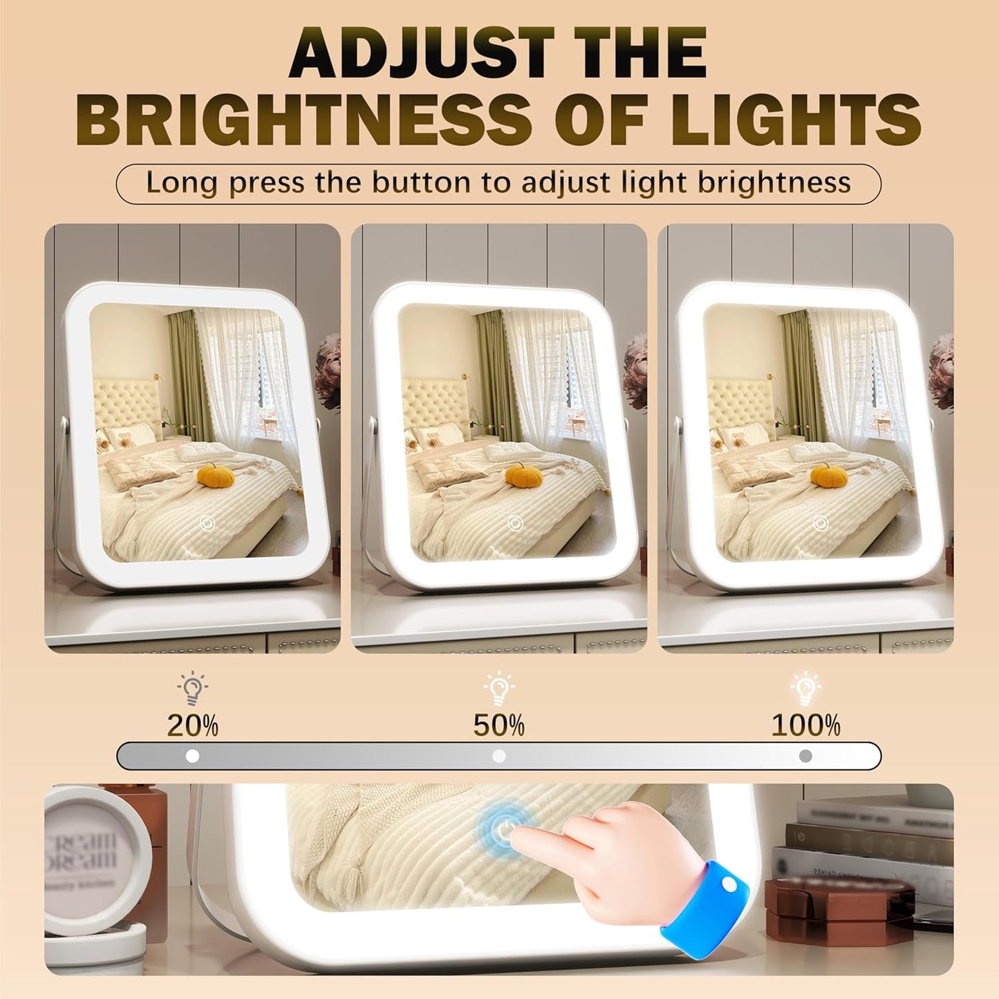 10"x8" Portable Lighted Makeup Mirror with 3-Color Dimmable LED, Touch Screen Vanity Mirror for Travel or Bedroom Desk (White)