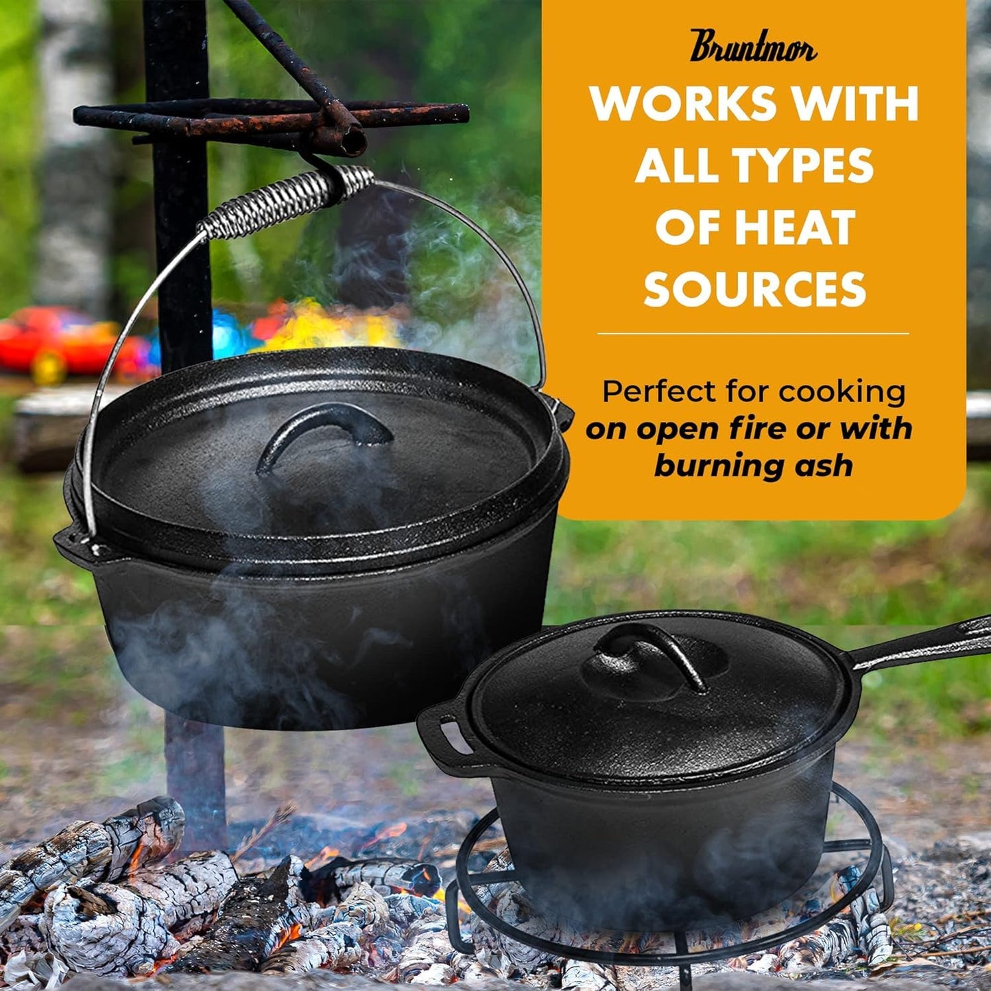 Bruntmor Camping Cooking Set of 7. Pre Seasoned Cast Iron Pots and Pans Dutch Oven with Lids for Outdoor Comefire. Grill Cookware Skillet Sets with Storage Box