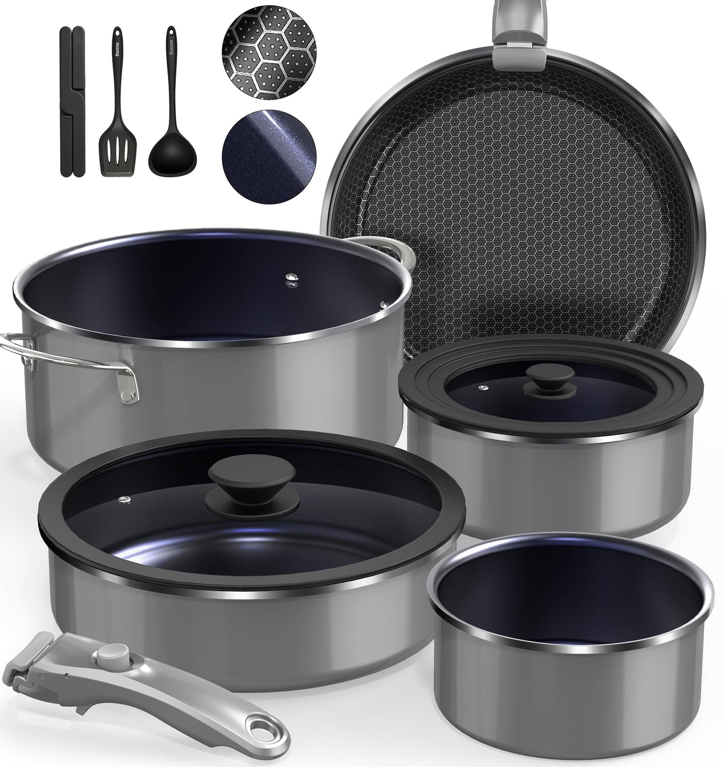 DUXANO Ceramic Pots and Pans Set Non Stick, 2026 Upgraded Hybrid Frypan, 1.5&2 QT Saucepans with Lid, Oil-less Cooking, PFAS Free Non Toxic, Induction Ready,Oven&Dishwasher Safe,Removable Handle,12PC