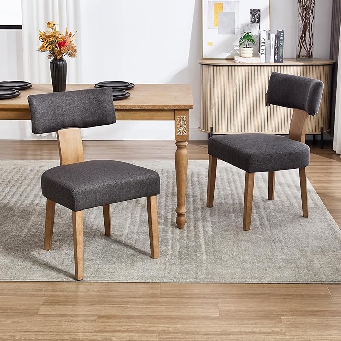KHISCHMO Mid Century Modern Dining Chairs, Upholstered Linen Fabric Chairs with Curved Backrest and Wood Legs, Comfy Kitchen Vanity Chairs for Dining Room/Living Room/Kitchen, Set of 6 Grey