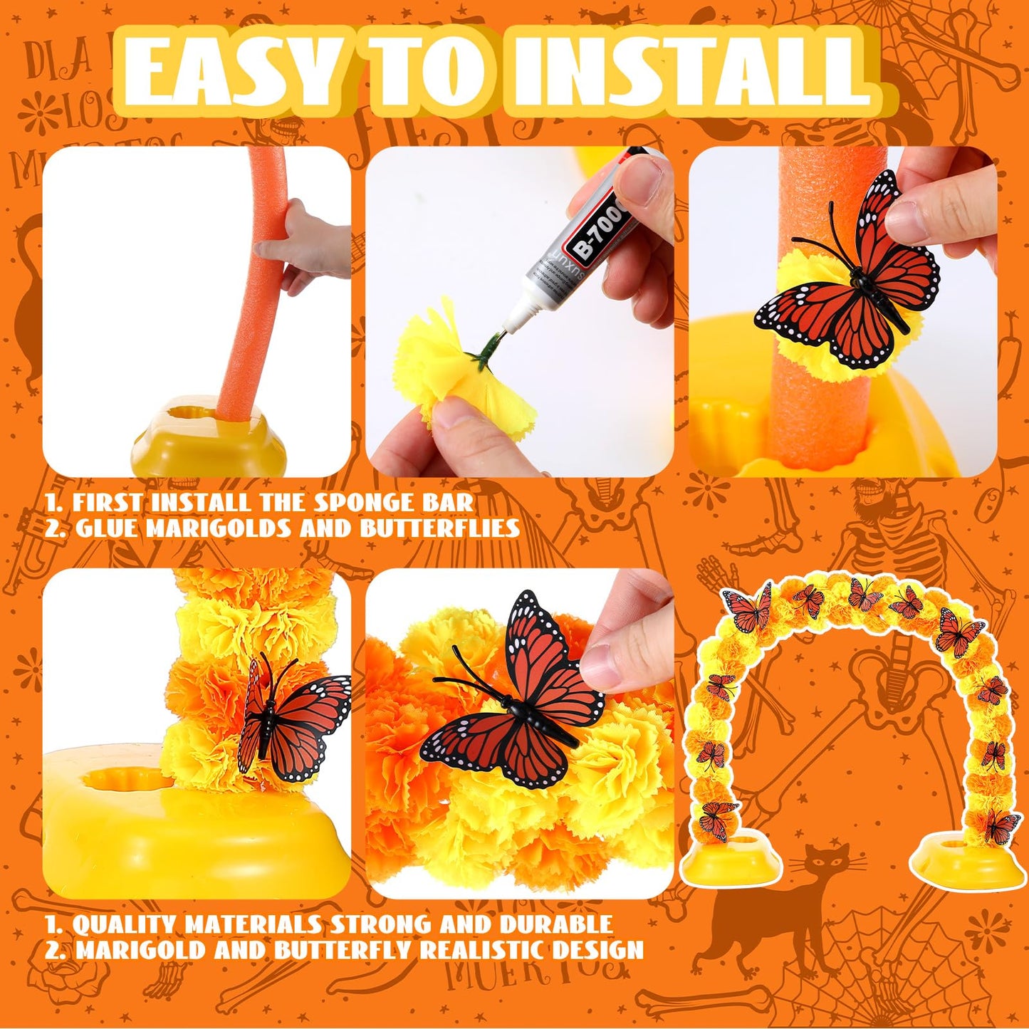 Juinte Day of The Dead Marigold Arch Kit Marigold Flowers Heads Bulk Includes 80 Silk Artificial Flowers 40 Inch Table Arch Kit with 12 Pcs 3D Butterfly for Dia De Los Muertos Indian Diwali Altar DIY