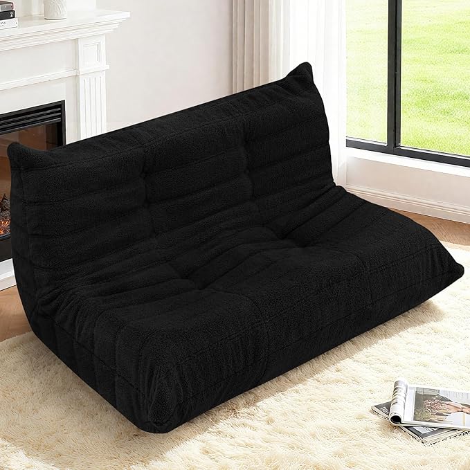 HABUTWAY Bean Bag Chairs Fireside Lazy Floor Sofa, Soft Teddy Fleece 2 Seater Sofa with High-Resilience Foam Filling，Beanbag for Living Room, Bedroom, Office (Black Teddy)