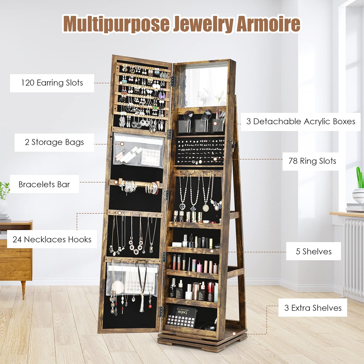 Hysache 360 Rotating Mirrored Jewelry Cabinet, Free Standing Jewelry Armoire, 2-in-1 Lockable Large Capacity Jewelry Organizer w/Full Length Mirror, Inside Makeup Mirror, 78 Ring Slots(CF)
