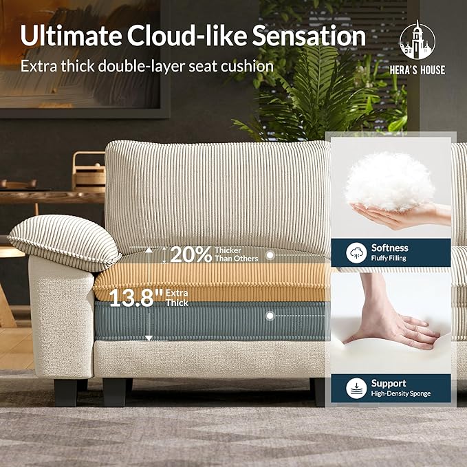 HERA'S HOUSE 124" Modular Sectional Sofa, Oversized L Shaped Couches for Living Room, Comfy Cloud Couch with Ottoman, 4-Seater Deep Seat Sofa with Throw Pillow, Corduroy and Chenille Beige