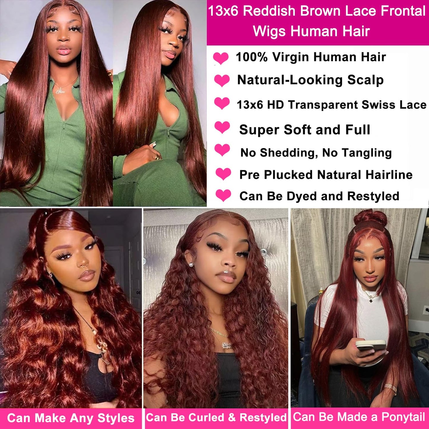 30 Inch 13x6 Reddish Brown Lace Front Wigs Human Hair Pre Plucked Straight Wigs Human Hair 13x6 Hd Lace Frontal Wigs 180% Densit