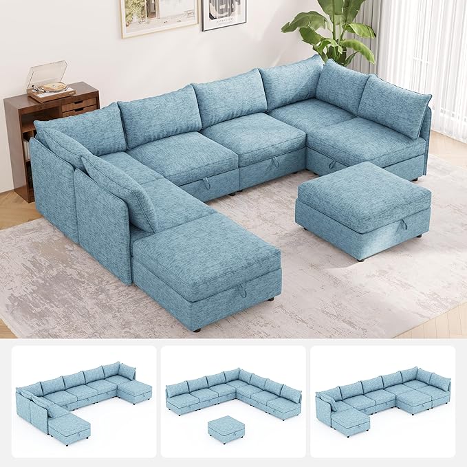 Oversized Modular 8 Seater Sofa with Removable Covers and Storage, Convertible U, L-Shaped and Sleeper Sectional, Modern Sectional Couch with Ottoman Chaise for Living Room, Bedroom, Apartment, Blue
