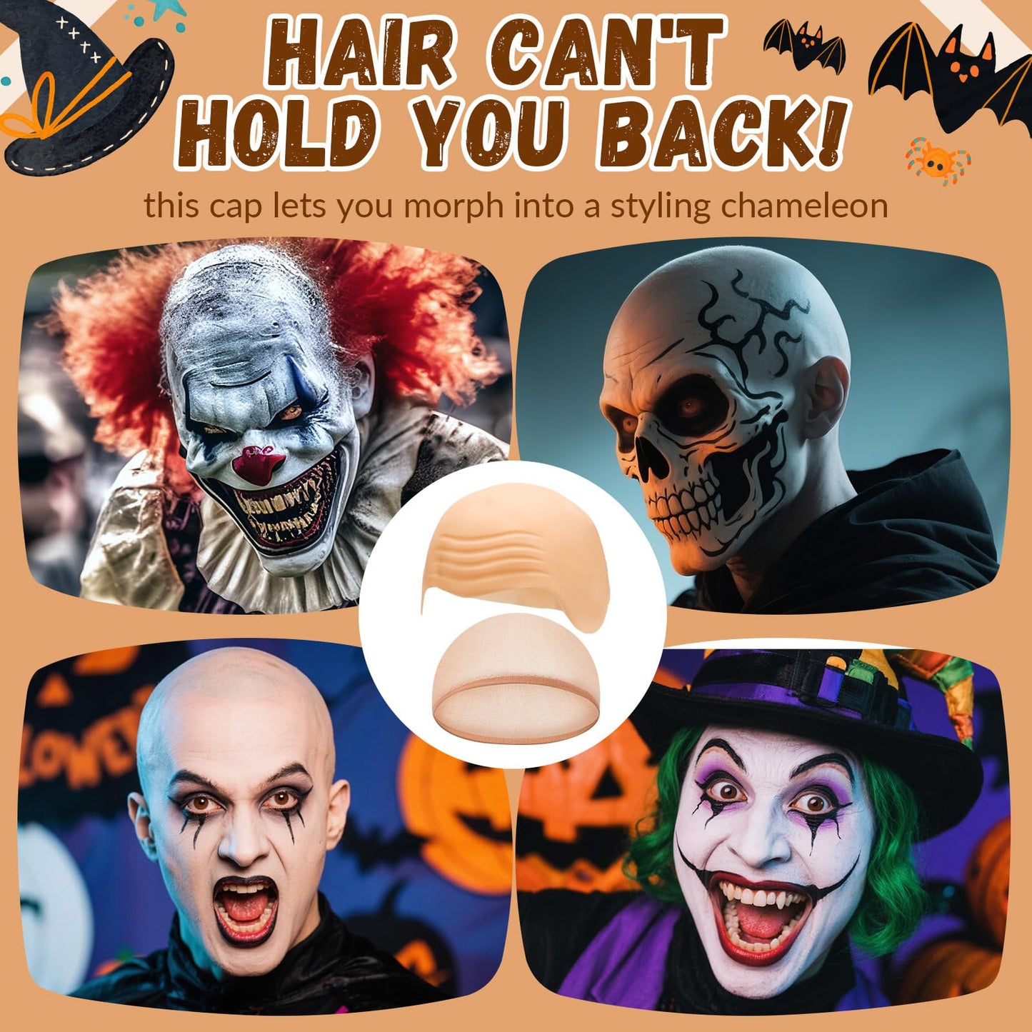 JOLYEAK 2 pcs Bald Caps Latex Bald Cap with Nylon Wig Caps Makeup Costume Accessories Adult Cosplay Party Supplies