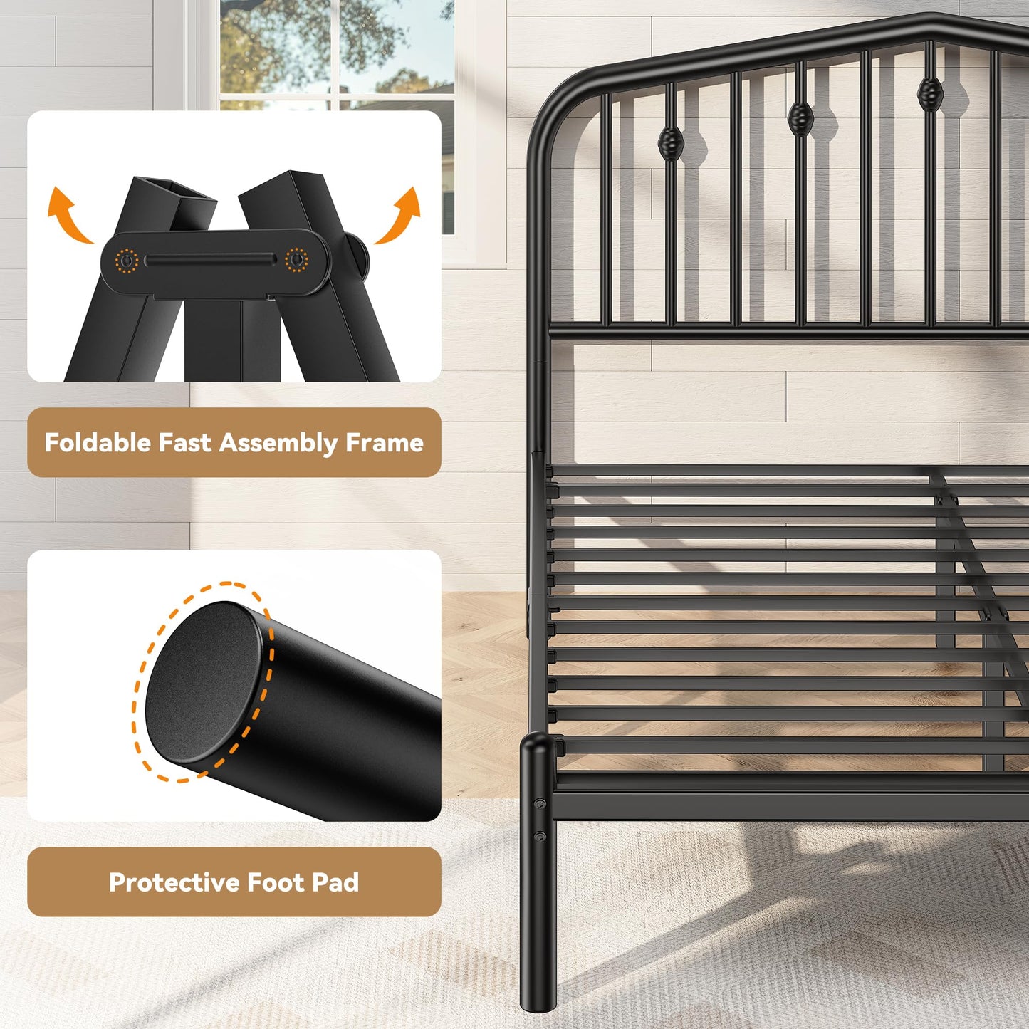 BedsPick 14 Inch Queen Bed Frame, Sturdy Rustic Metal Bed Frame Queen Size, Queen Bed Frame with Headboard and 12.5" Under Bed Space, Curved Corner/No Noise/Easy Assembly/No Box Spring Needed, Black