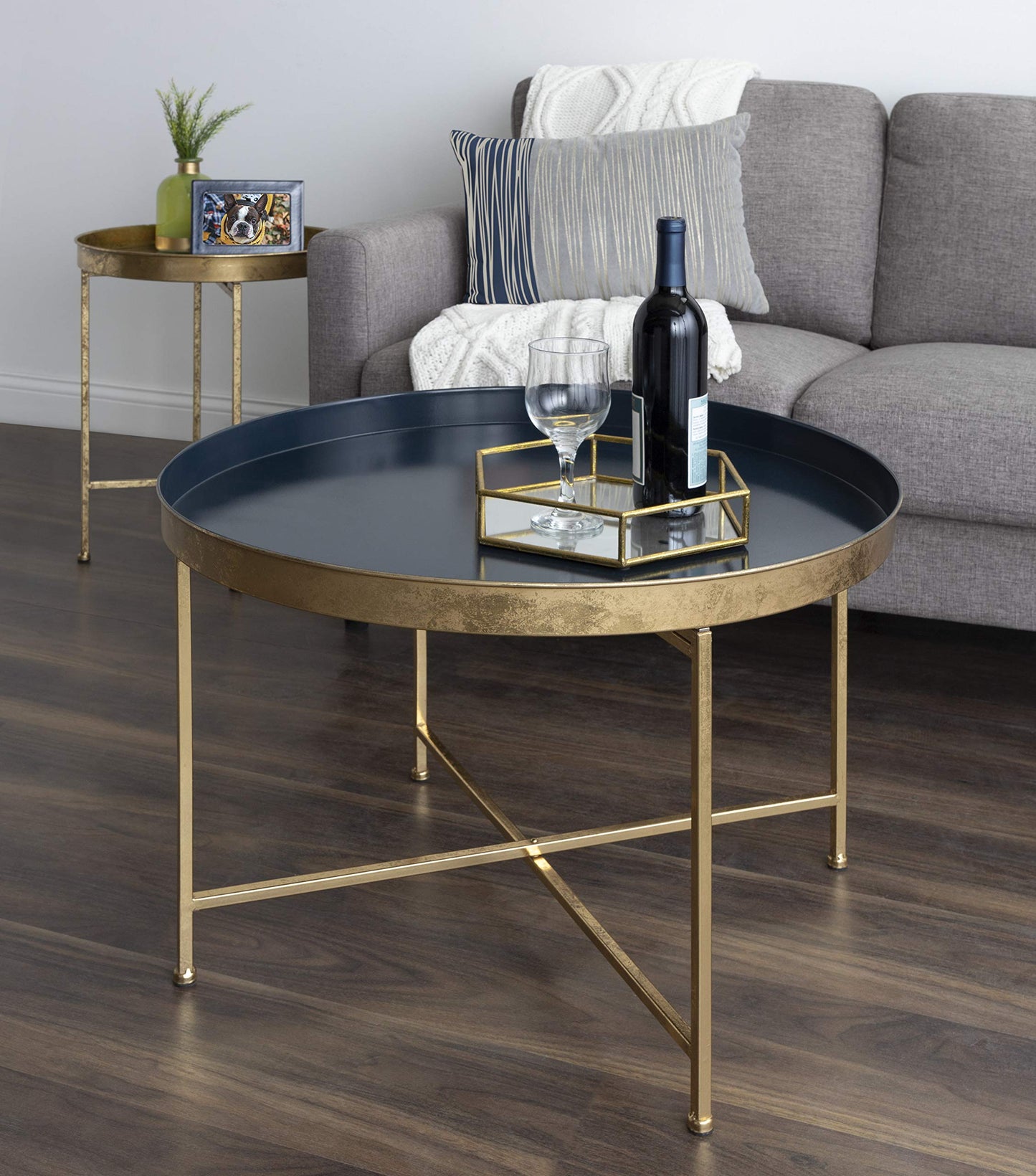Kate and Laurel Celia Modern Glam Round Coffee Table, 28.25" x 28.25" x 19", Navy Blue and Gold Leaf, Chic Sophisticated Accent Table