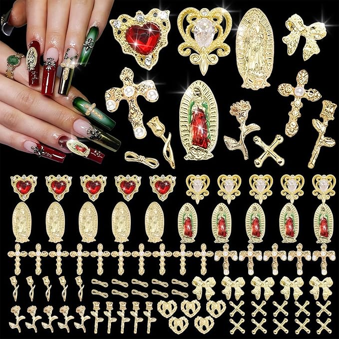 80pcs 3D Gold Nail Charms: Virgin Mary, Crosses, Roses, Bows, Hearts; Faithful Gold Metal Rhinestones for Nail Art, Special Events, Everyday Use