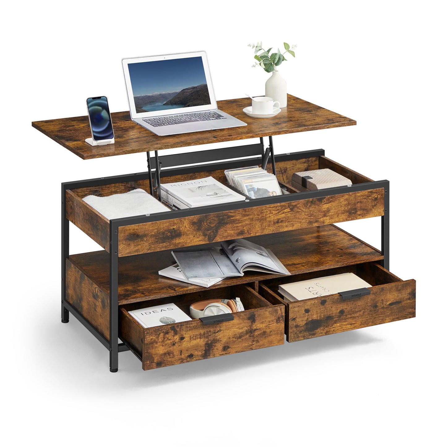 VASAGLE Lift Top Coffee Table with Storage Drawers, Coffee Table for Living Room with Lifting Top, Hidden Compartments and Open Shelf, Rustic Brown and Ink Black ULCT209K01