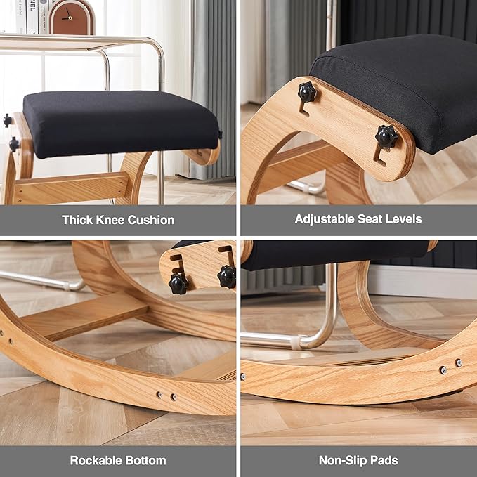 HoeuThien Ergonomic Kneeling Chair, Adjustable Rocking Office Chair Wooden Knee Chair Posture Chair for Home Office Back Pain Relief, Black