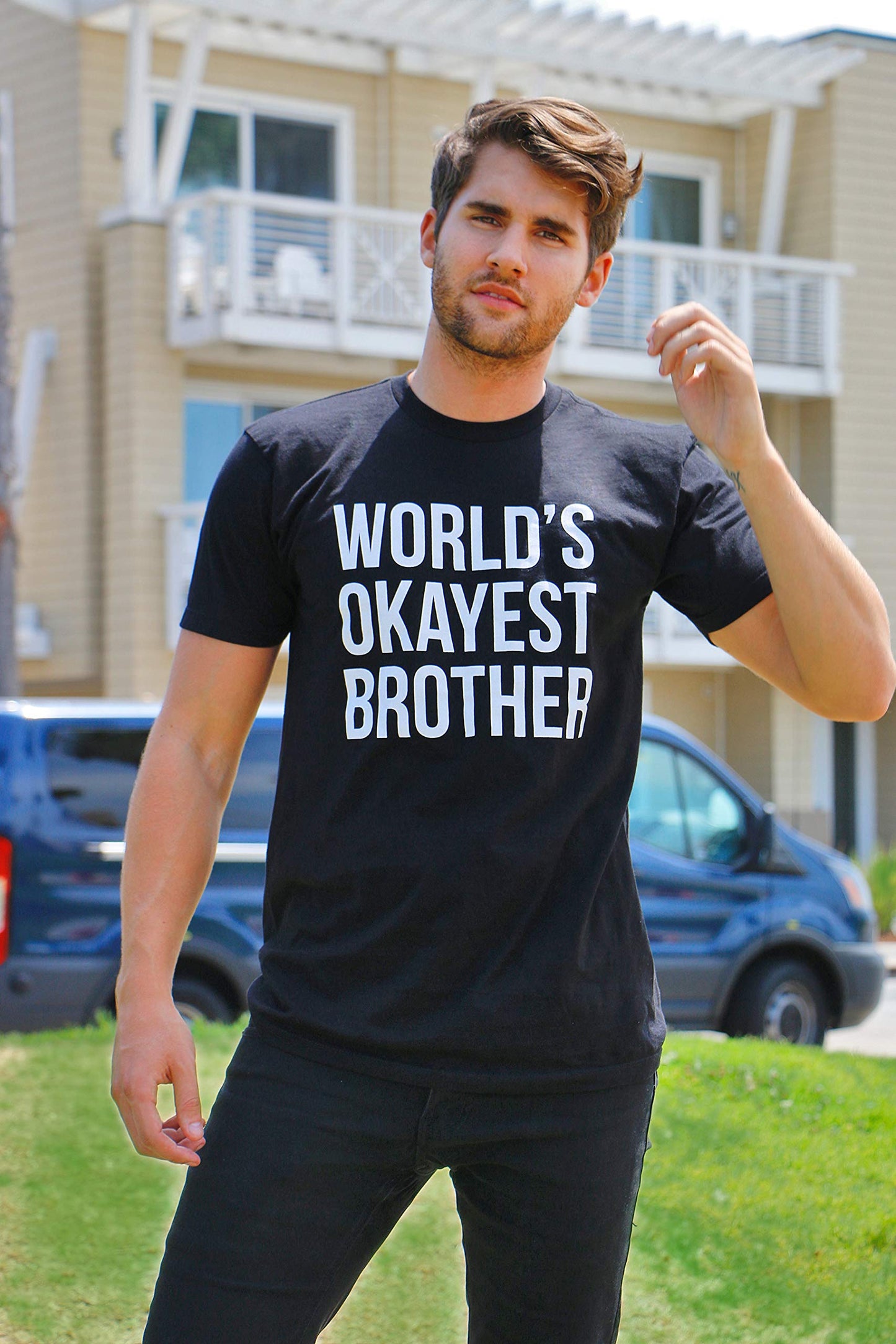 Mens Worlds Okayest Brother Shirt Funny T shirts Big Brother Sister Gift Idea (Grey) XL