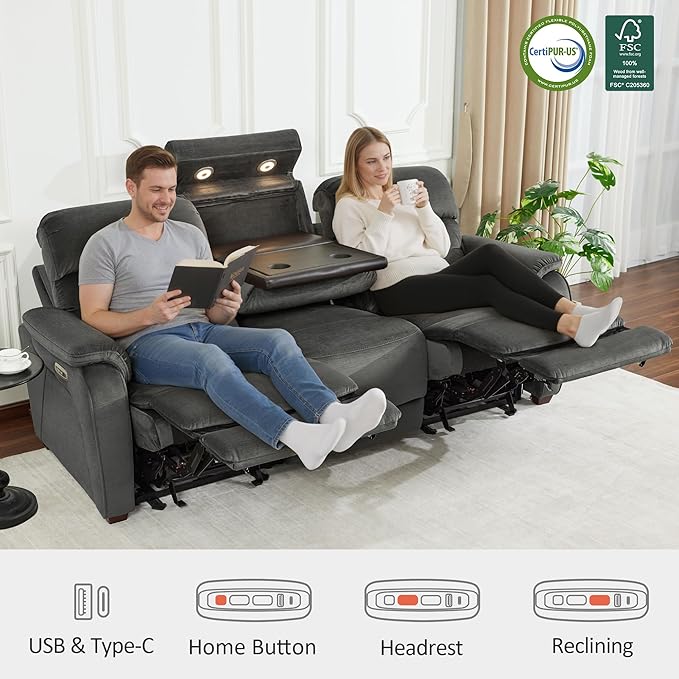 MCombo 87.2'' Wall Hugger Power Recliner Sofa with Drop Down Table, Reclining Sofa with Adjustable Headrest, USB Charge Ports, Reading Lamp, for Living Room, RVs, Fabric, ST258M3 (3-Seater, Dark Grey)