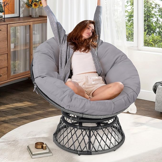 40" Ergonomic Wicker Papasan Chair, 360° Swivel Indoor Outdoor Rattan Chair with Soft Thick Cushion, Ideal for Living Room, Bedroom, Reading Room, Grey Frame with Light Grey Cushion