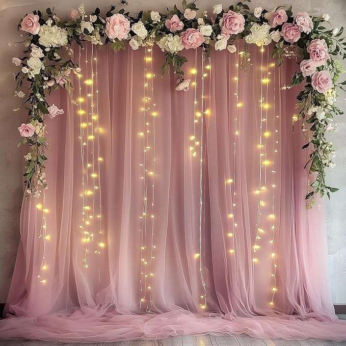 Xiomot Tulle Backdrop Curtain with Lights String 10FT X 10FT Dusty Rose Sheer Tulle Backdrop Curtains for Wedding Birthday...
