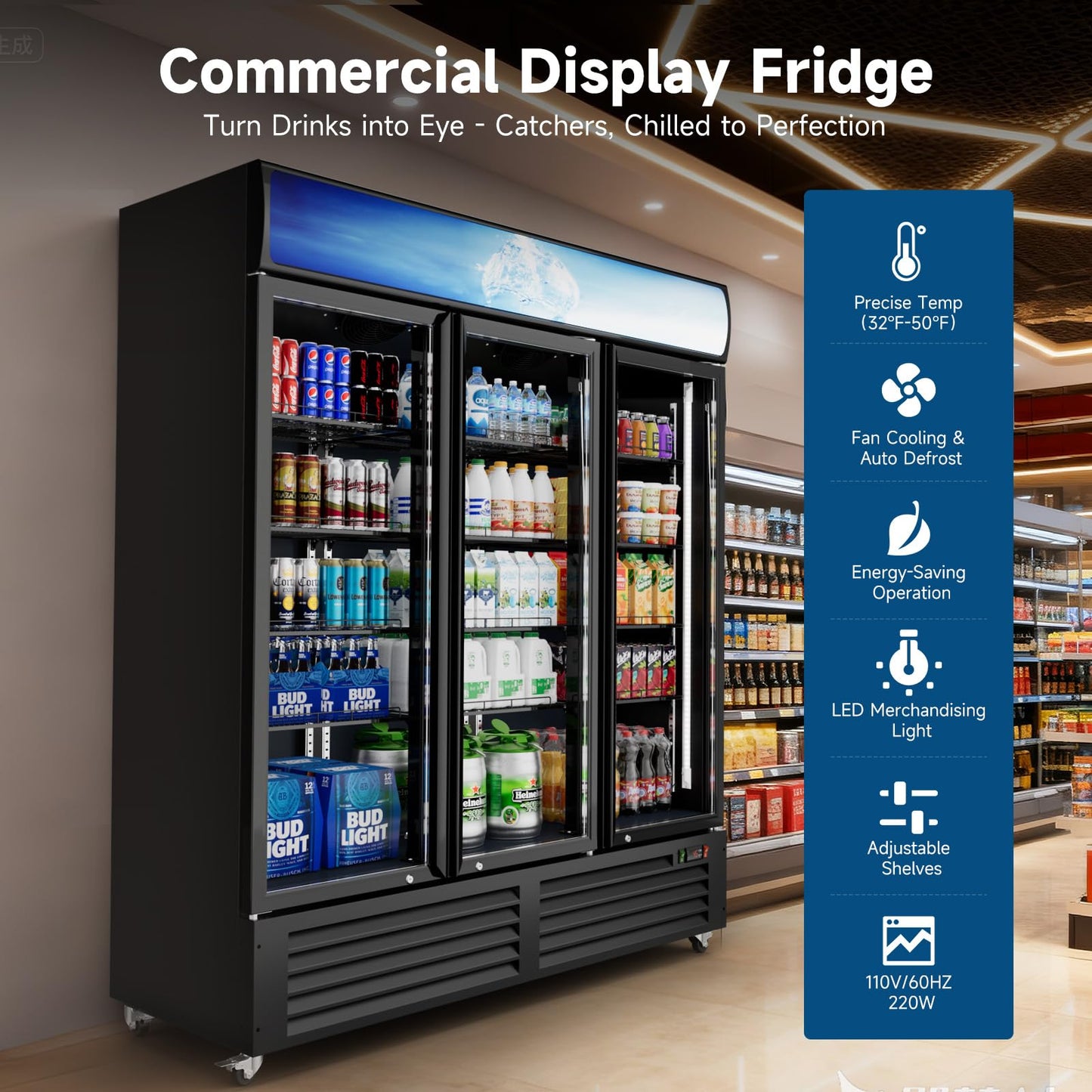 Cintva Commercial Beverage Refrigerator 56 Cu Ft, Commercial Display Fridge with Glass Door, Upright Merchandiser Refrigerator Cooler with Front LED Light for Stores, Restaurant, Office