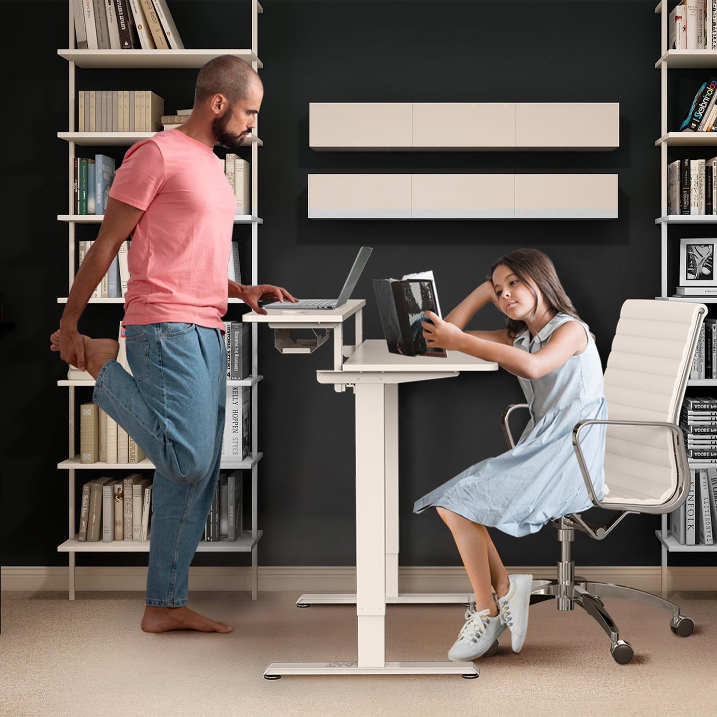 AVLT 47″ Electric Standing Desk with Dual-Tier Shelf & Tablet Holder – Height Adjustable Sit-Stand Desk for Home Office, Motorized Frame Supports 176 lbs (80kg), Includes Tabletops – White