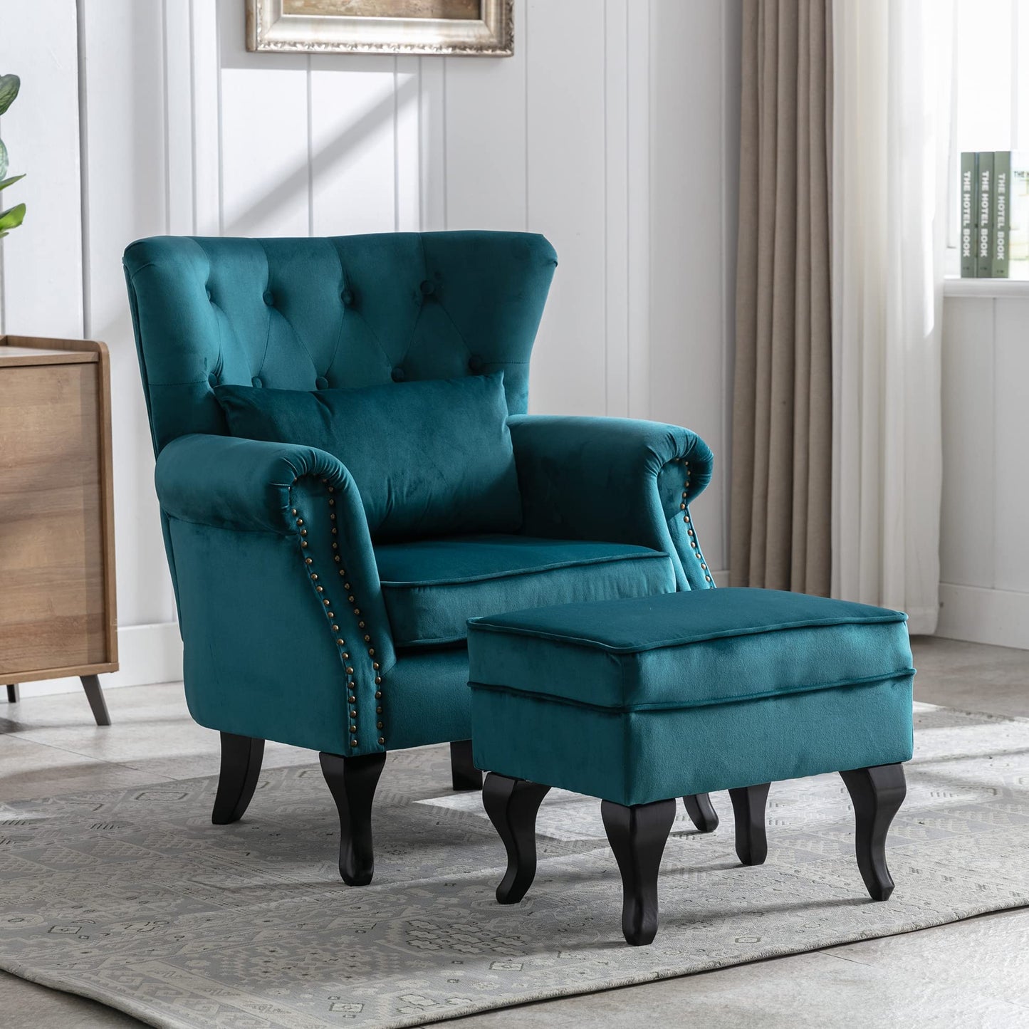 chairus Mid-Century Modern Accent Chair with Ottoman, Comfy Velvet Single Sofa Chair Button Tufted Wingback Armchair with Pillow for Living Room/Bedroom/Club - Teal