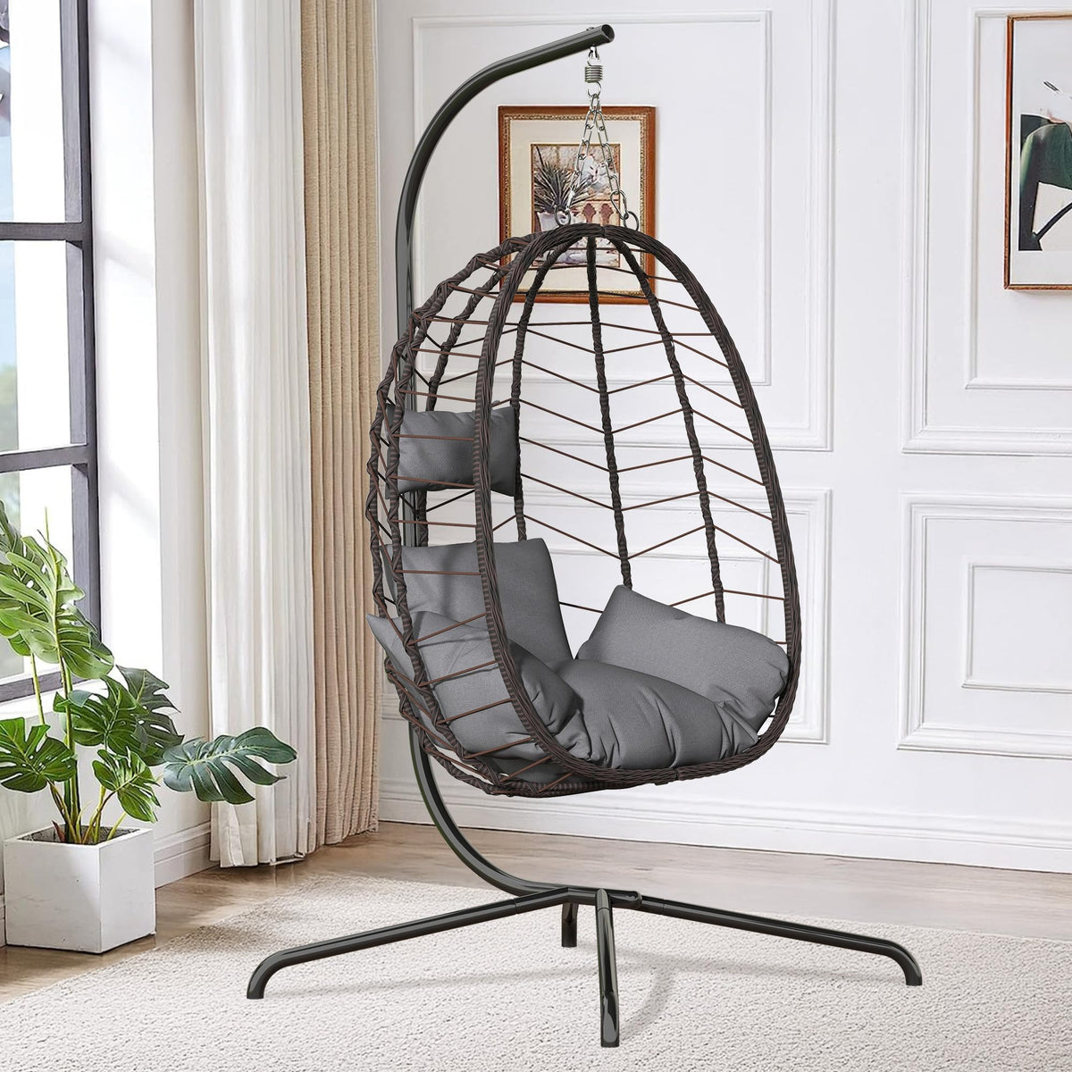 LEX CRAFT Hanging Egg Chair with Stand, Swinging Egg Chair Outdoor Indoor, Hanging Basket Chair with Cushion, Patio Wicker Hammock Chair 350lbs Capacity for Bedroom, Balcony, Backyard, Garden (Grey)