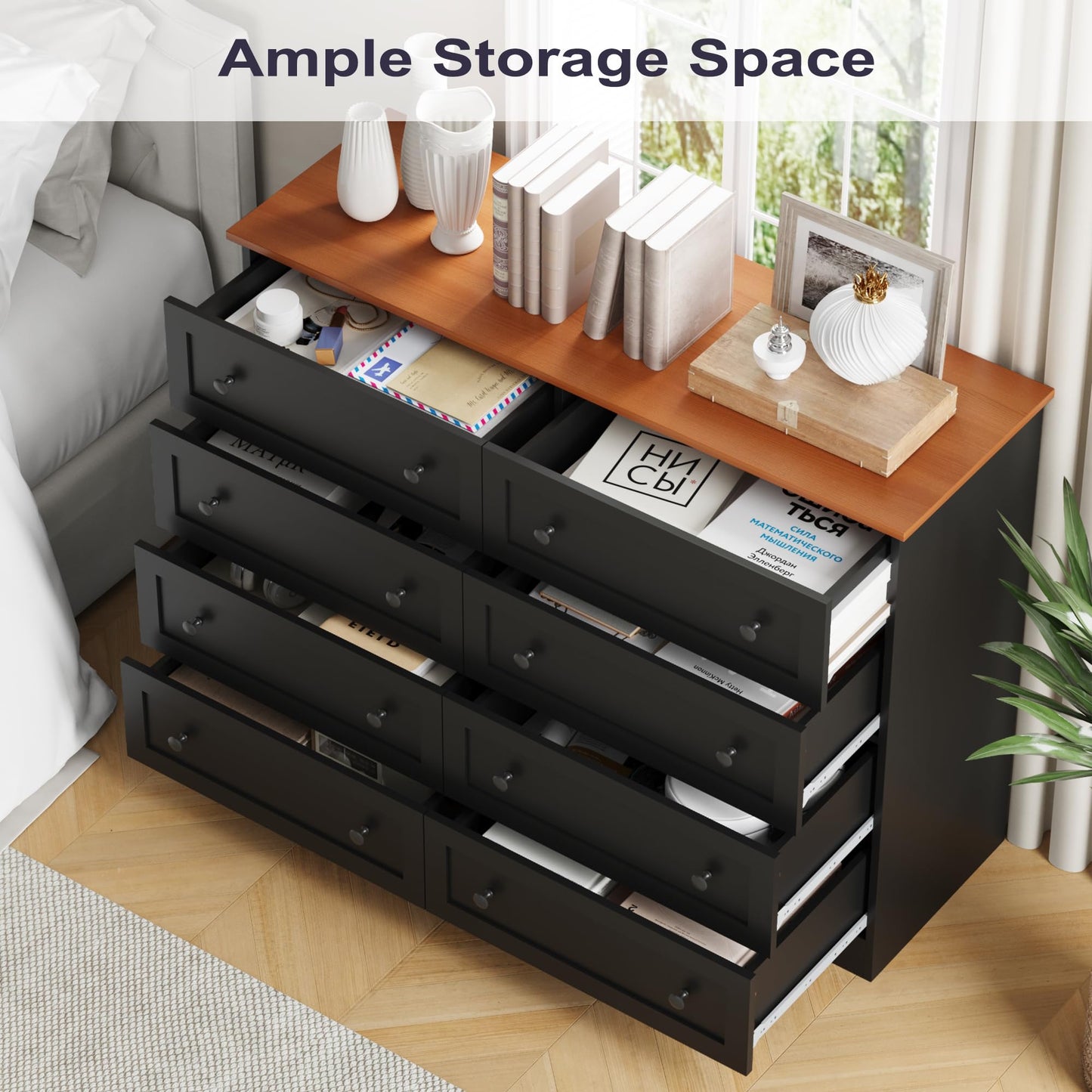 Furnify 8 Drawer Dresser for Bedroom, Farmhouse Dresser for Closet 8 Drawer, Wide Modern Chest of Drawers, Storage Cabinet, Bedroom, Living Room, Entryway, Black