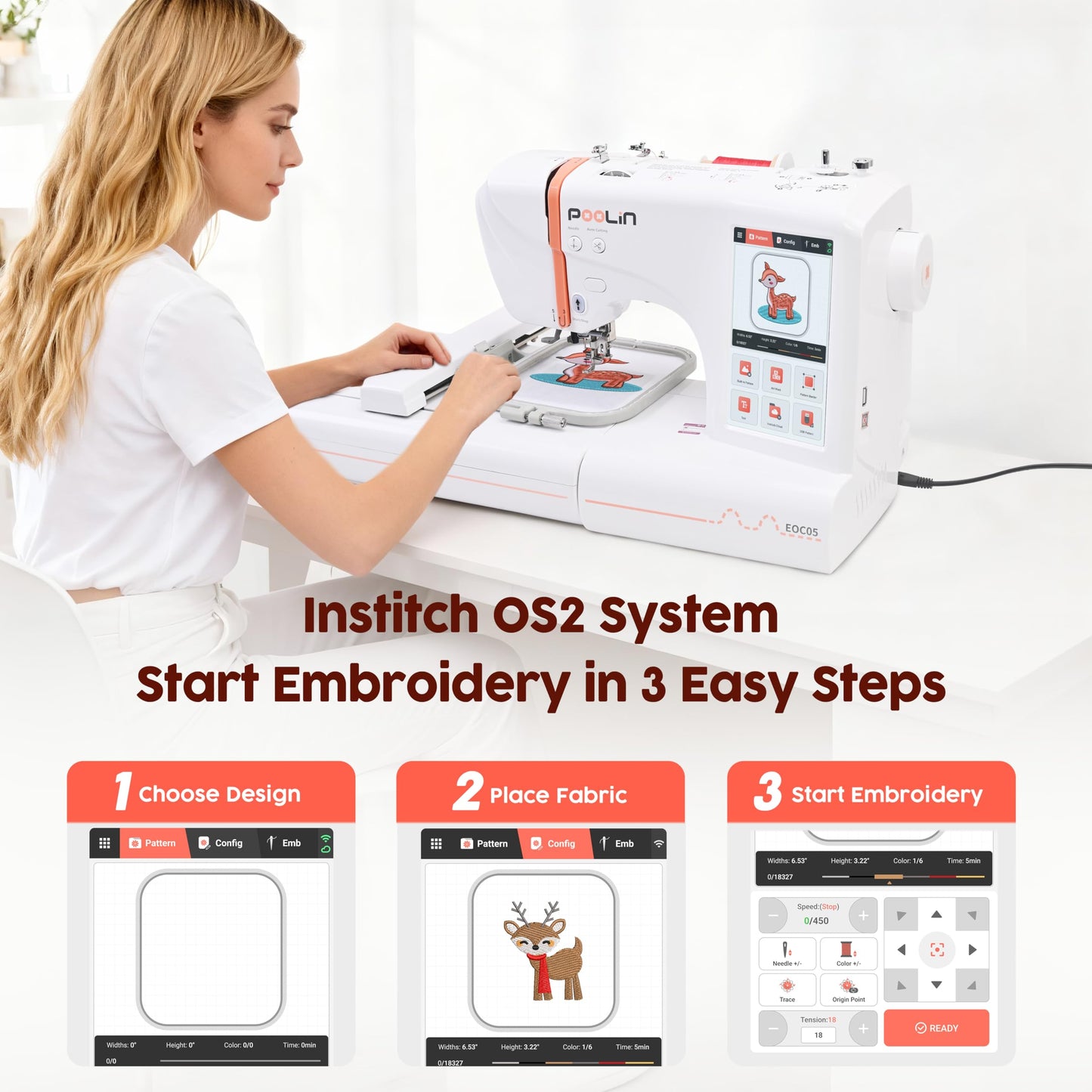 Poolin EOC05 2-in-1 Sewing & Embroidery Machine Bundle with Thread, Pre Wound Bobbins and Water-Soluble Stabilizers