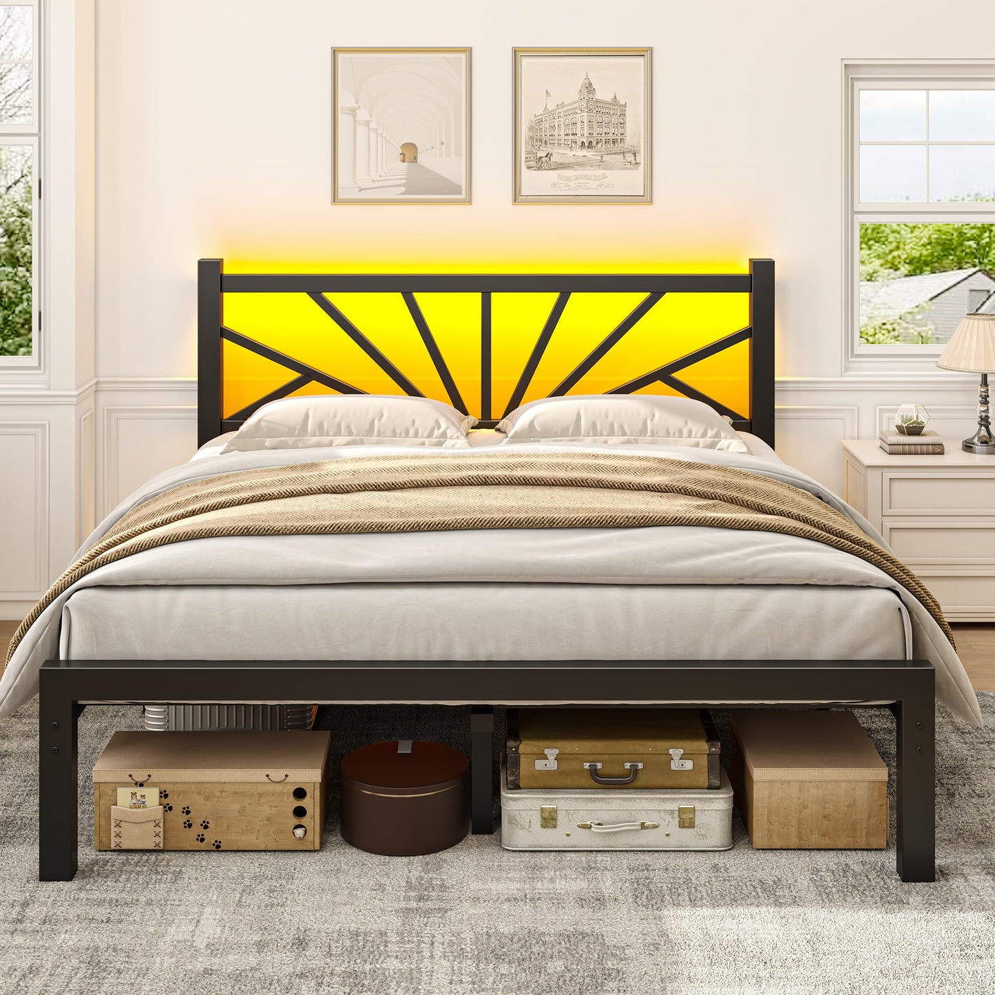 Metal Bed Frame Queen Size with LED Lights,Queen Bed Frame with Headboard,Heavy Duty Sturdy Mattress Foundation with Storage Space,Strong Metal Slats Support,Noise Free,No Box Spring Needed,Black