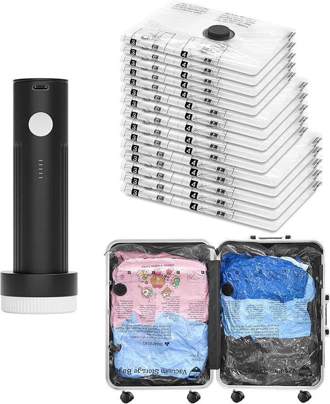 SUOCO Travel Vacuum Bags with Portable Electric Pump, 15 Combo (5L/5M/5S) Compression Packing Seal Cubes for Clothing Suitcase Luggage Organizer, Space Saver Clothes Storage Bags