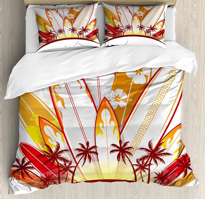Lunarable Surfboard Duvet Cover Sets, Island Surfboards Holidays Paddle Sunset Australia Joy Entertaining, Bedding Set wit...